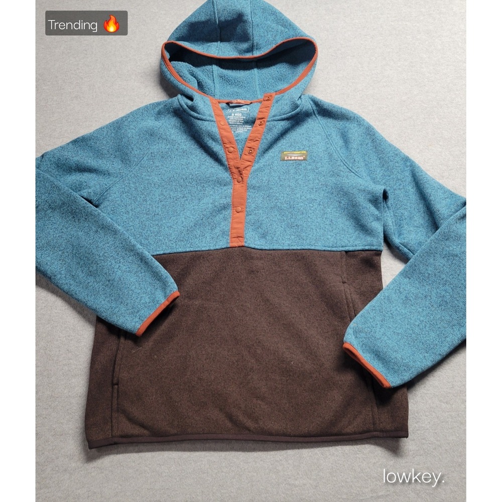 LL Bean Sweater Fleece Pullover Hoodie Blue Brown Colorblock Womens Size Small